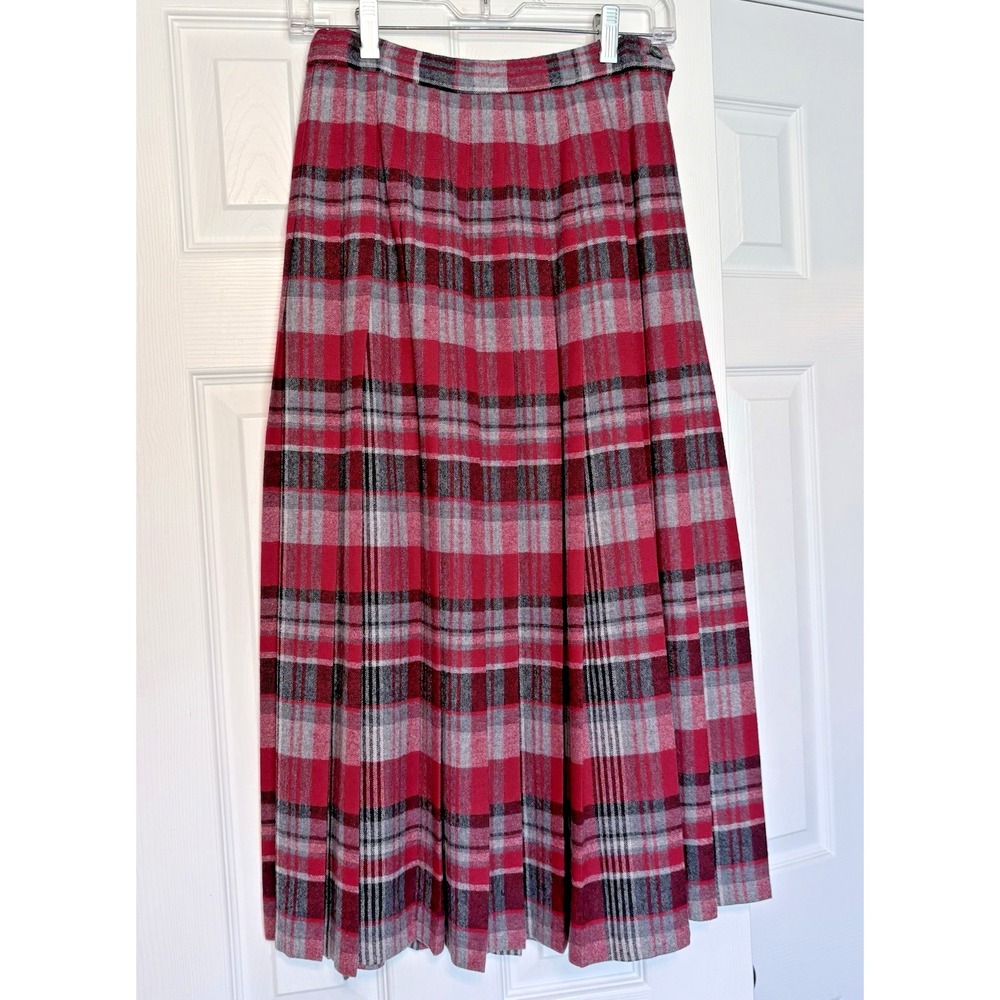 Pendleton Vintage Wool Plaid Tartan Midi Skirt Women 6 Red Gray Virgin Wool USA